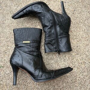 Leather pointed toe heeled ankle boots stiletto western black cowgirl 8.5 / 25.5